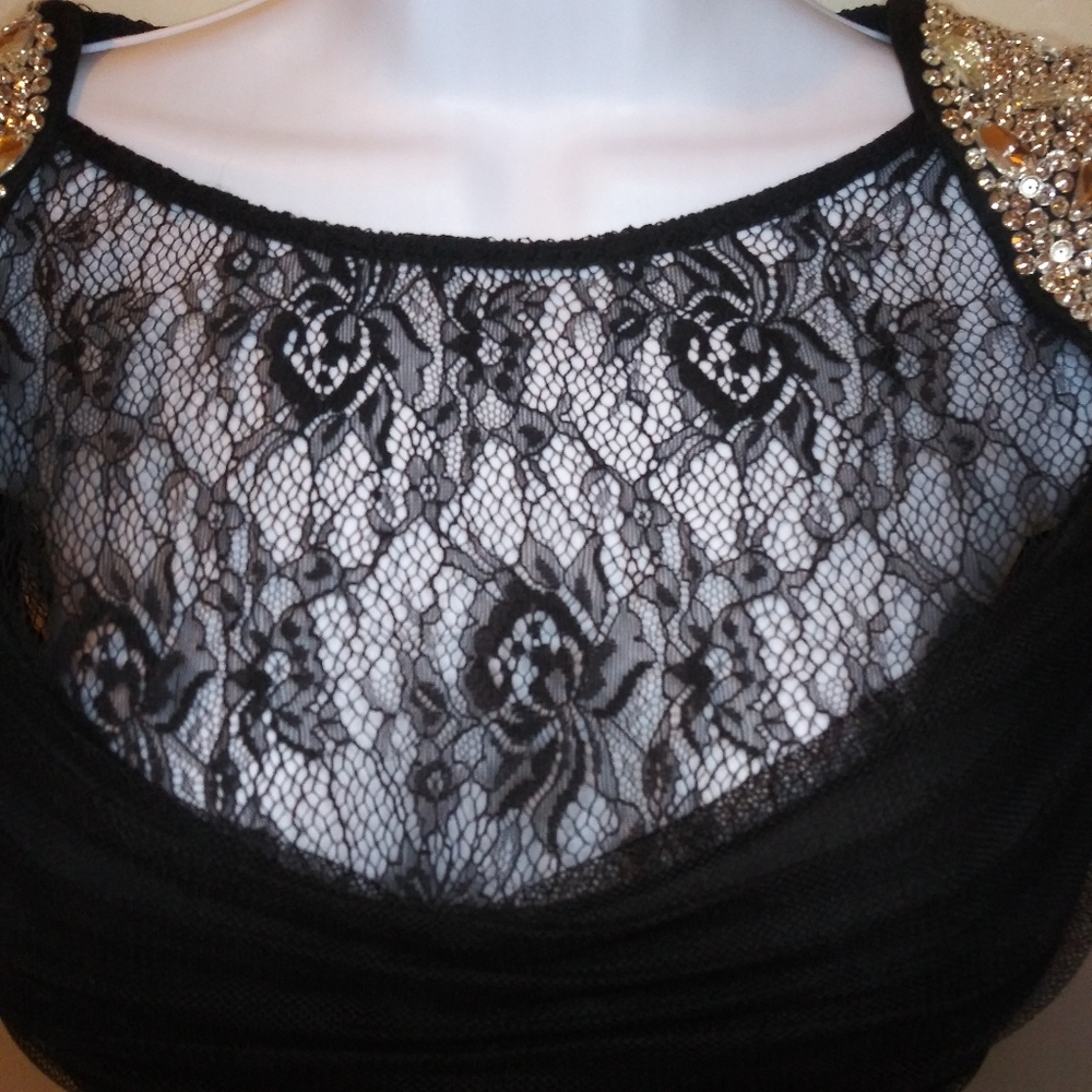 Jovani Sexy Black Rhinestone & Bead Studded Cap Sleeved Cocktail Dress - Picture 5 of 16